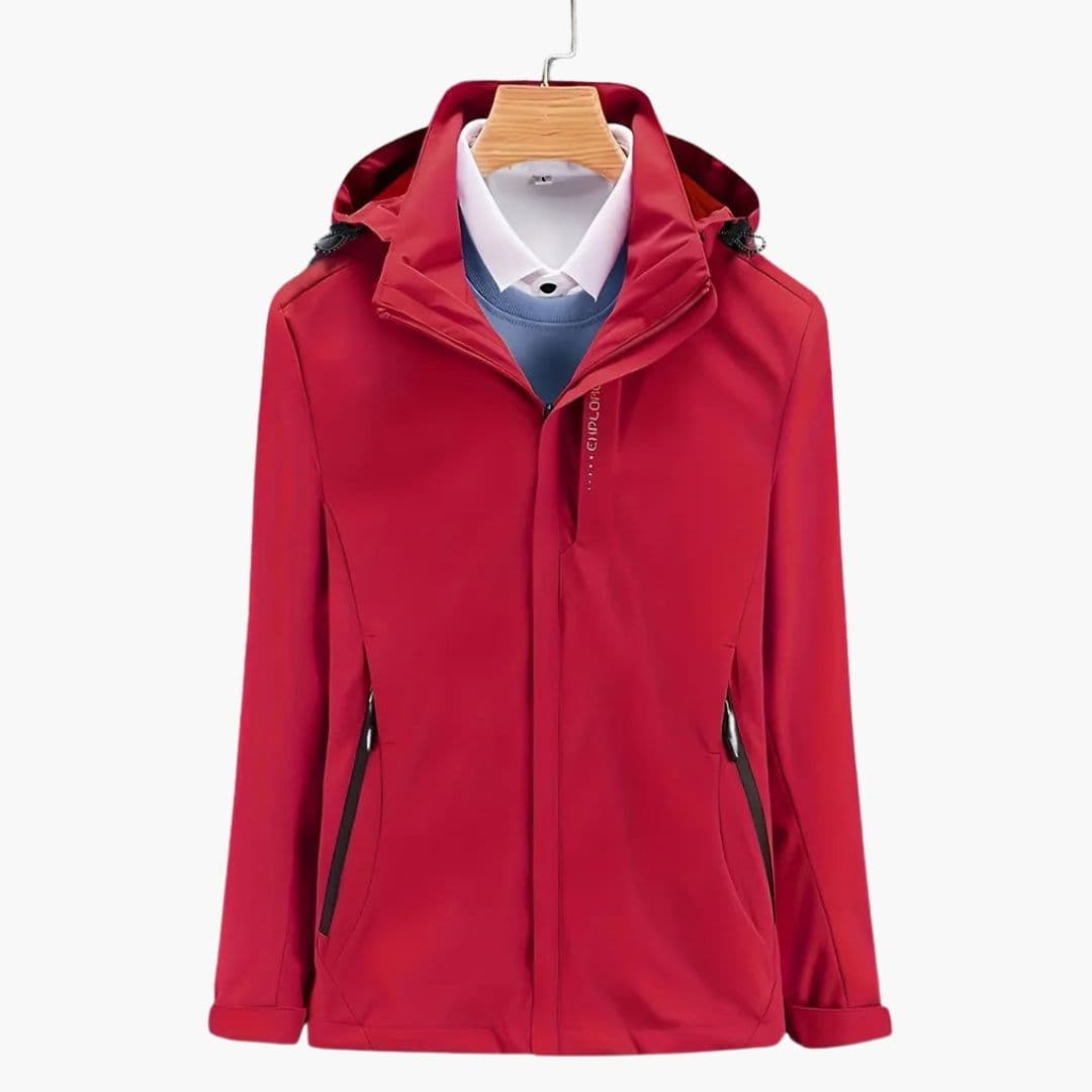 Women's hooded ski jacket with zippered pockets, adjustable hood cords, sleek winter slope style