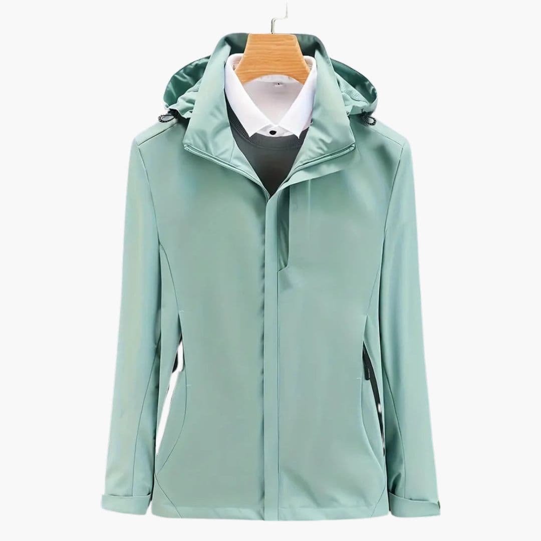 Women's hooded ski jacket with zippered pockets, adjustable hood cords, sleek cold-weather style