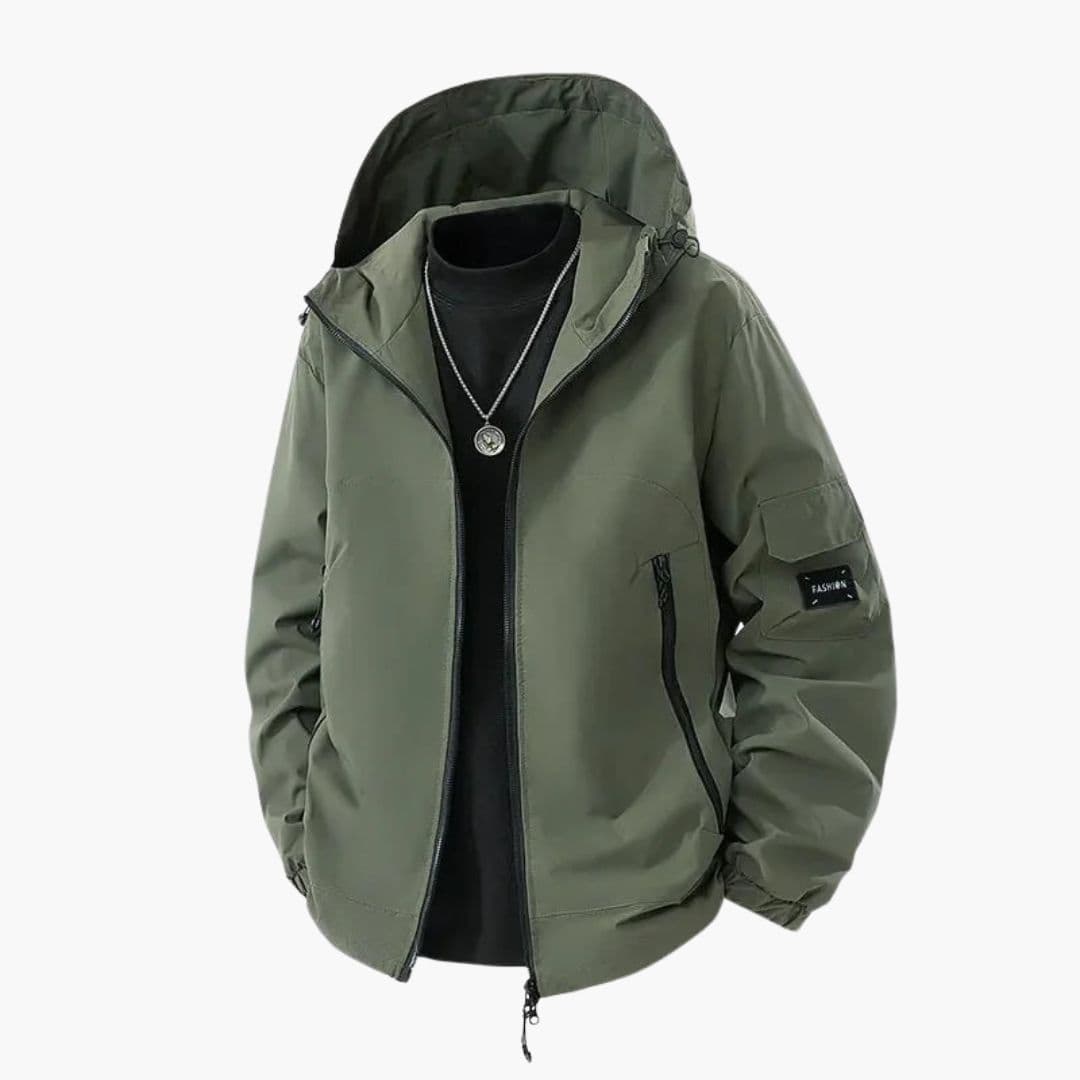 Men's loose fit ski jacket navy blue adjustable hood zipped pockets winter sports layering