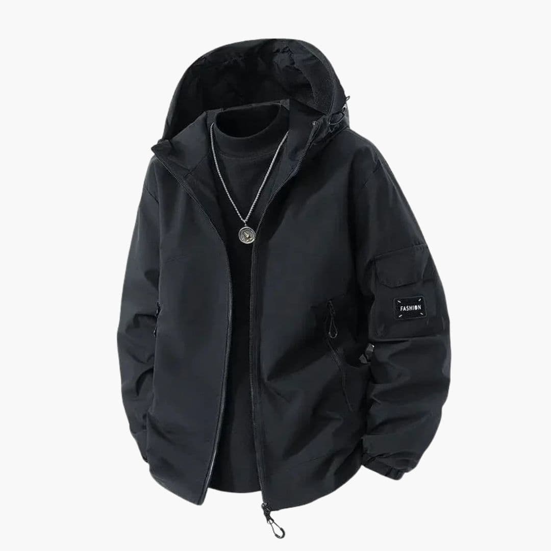 Men's loose fit ski jacket navy blue adjustable hood zipped pockets winter sports layering