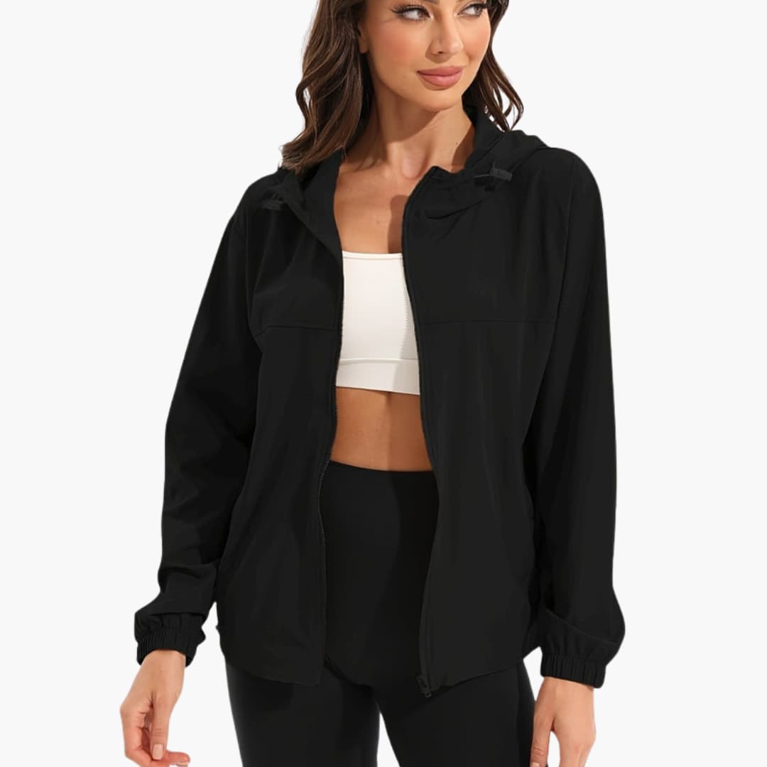 Women's black hooded sports jacket with full-length front zip, streamlined silhouette for active wear