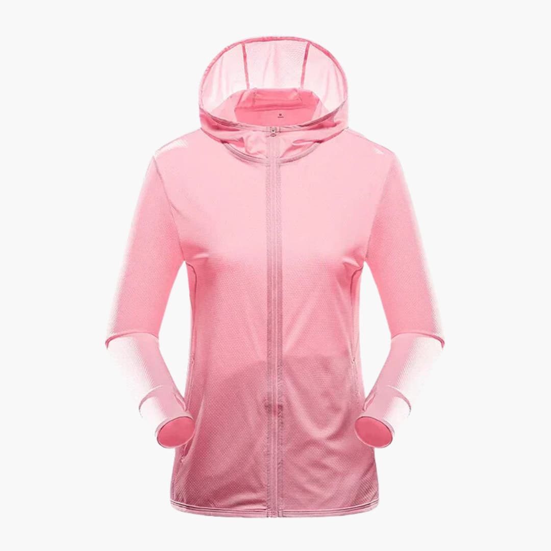 Women's black hooded sports jacket with full-zip closure, minimalist performance fit for active wear