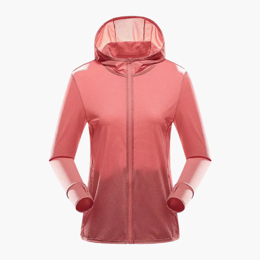 Women's black hooded sports jacket with full-zip closure, minimalist performance fit for active wear