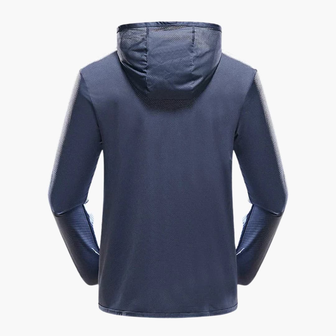 Women's black hooded sports jacket with full-zip closure, minimalist performance fit for active wear