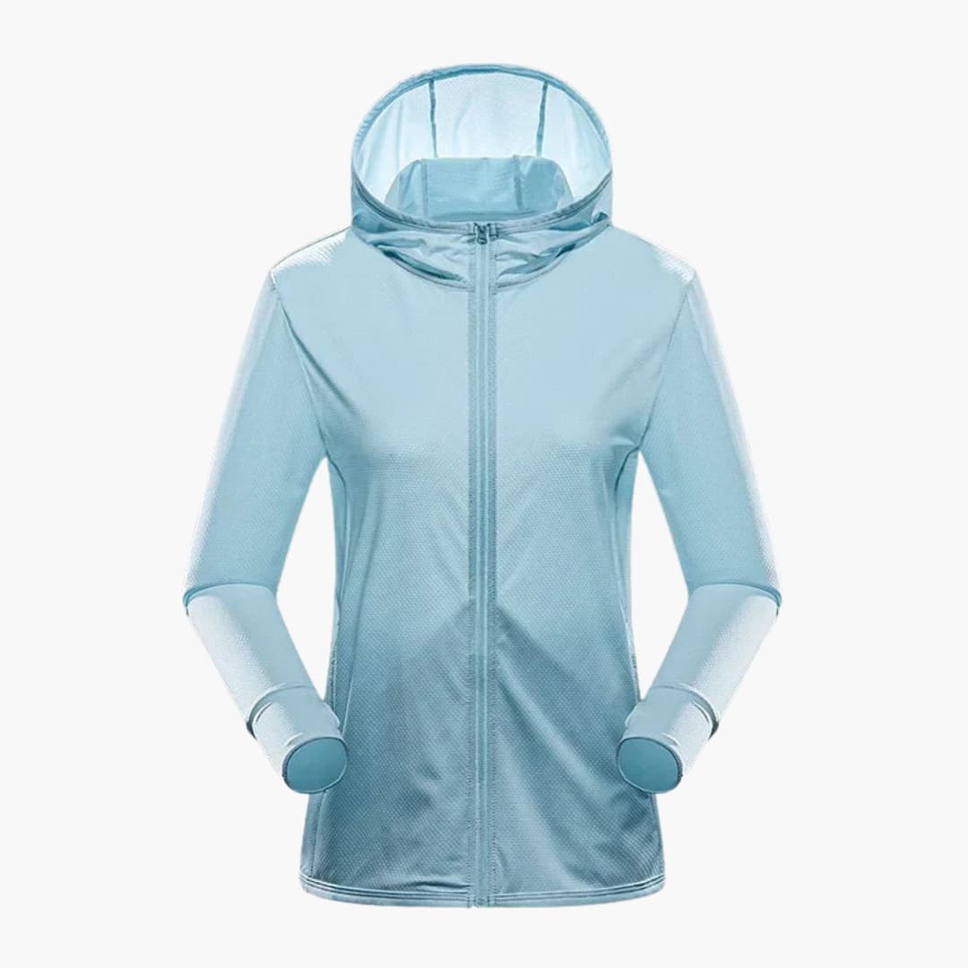 Women's black hooded sports jacket with full-zip closure, streamlined silhouette and integrated hood neckline