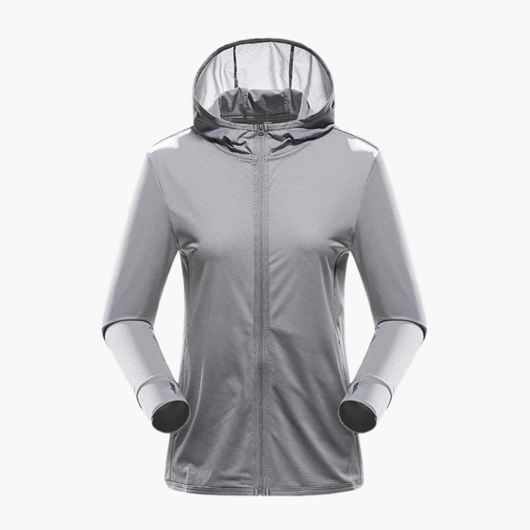Women's black hooded sports jacket with full-zip closure, minimalist performance fit for active wear