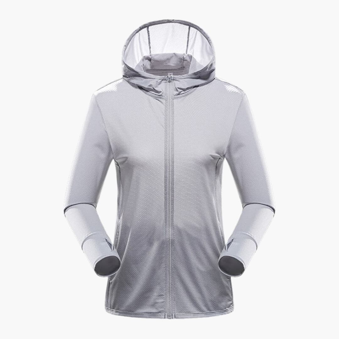 Women's black hooded sports jacket with full-zip closure, minimalist performance fit for active wear