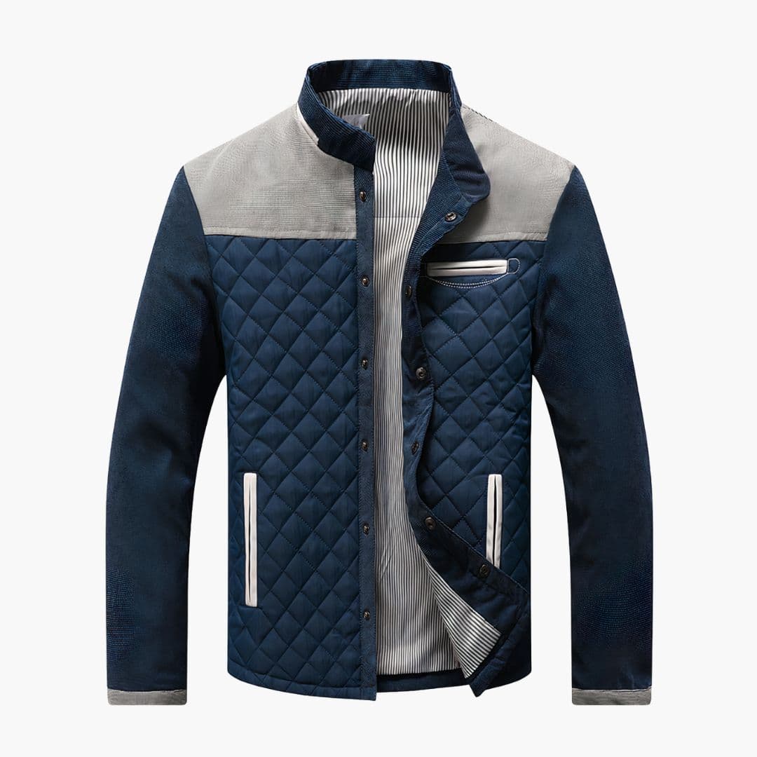 Men's quilted jacket diamond-stitched texture contrast shoulder panels snap front stand collar casual style