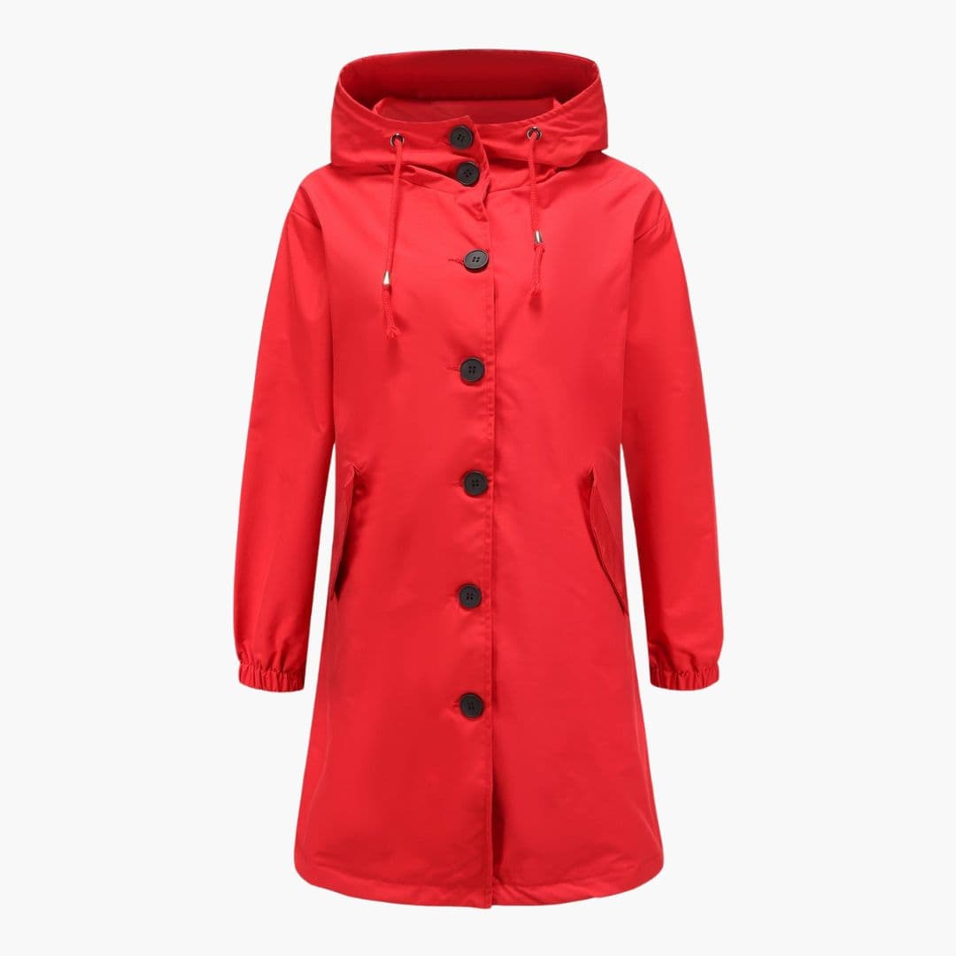 Women's casual hooded jacket with button closure, adjustable drawstring hood, elastic cuffs, and side pockets