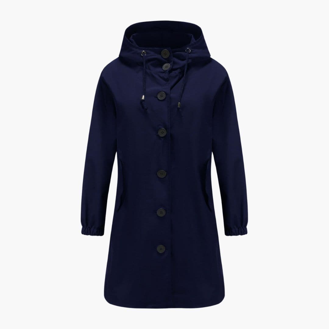 Women's casual hooded jacket with button closure, adjustable drawstring hood, elastic cuffs, and side pockets