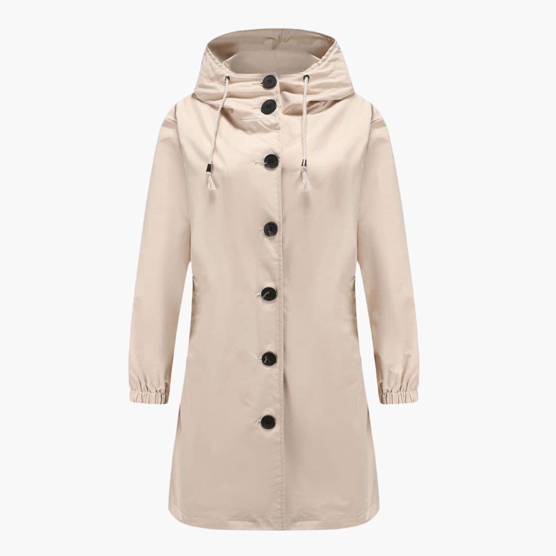 Women's casual hooded jacket with button closure, adjustable drawstring hood, side pockets, and elastic cuffs