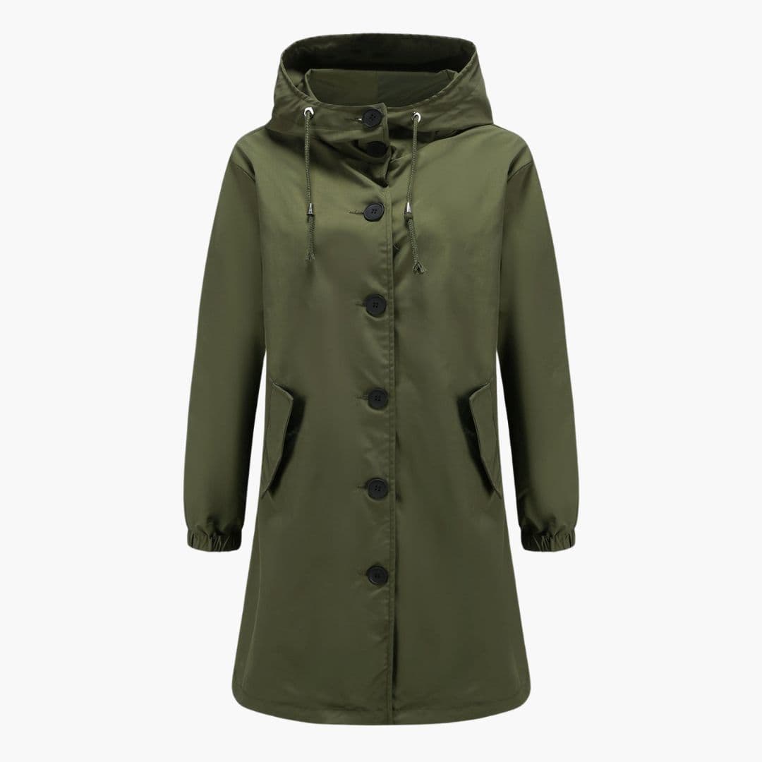 Women's casual hooded jacket with front button closure, adjustable drawstring hood, side pockets, elastic cuffs