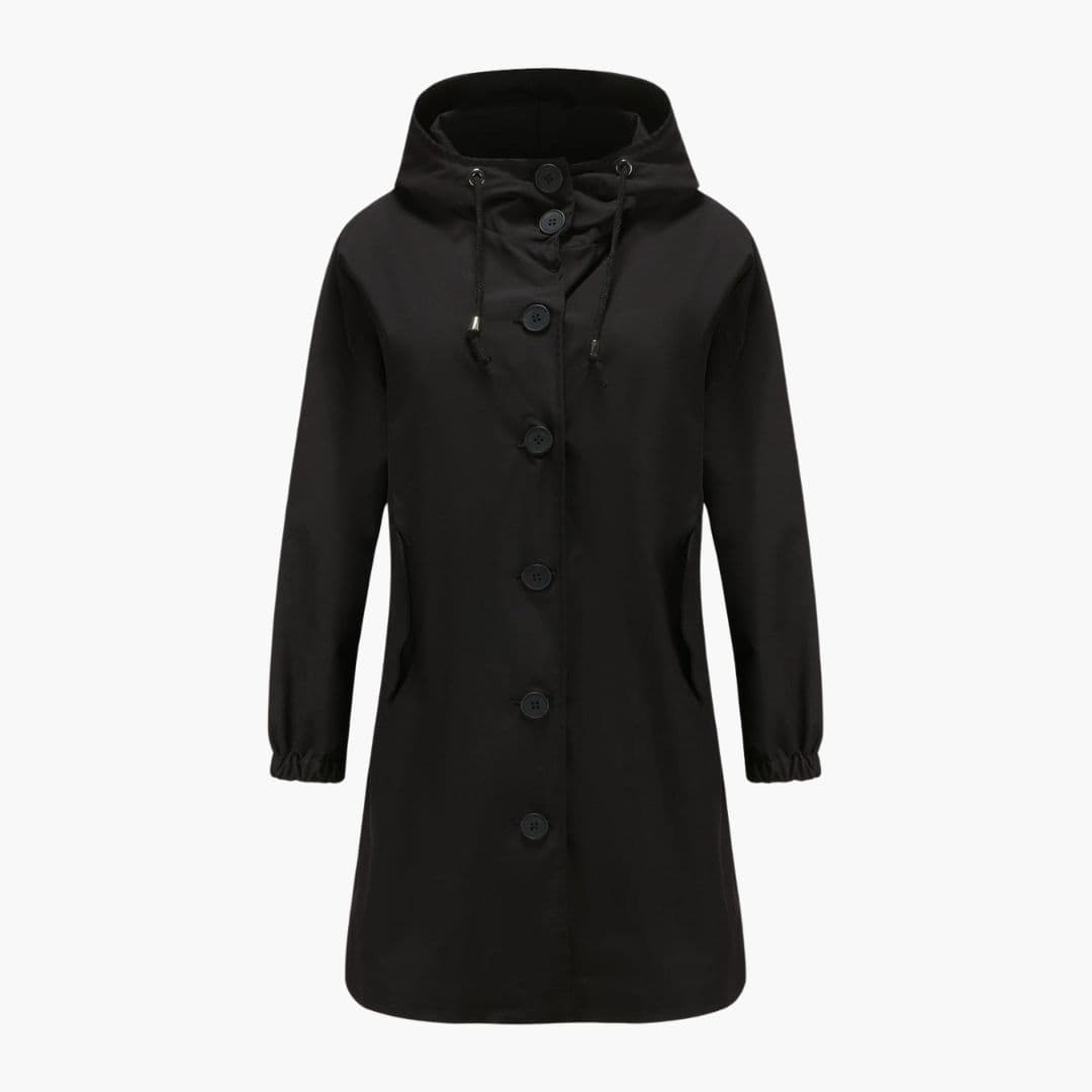 Women's casual hooded jacket with button closure, adjustable drawstring hood, elastic cuffs, and side pockets