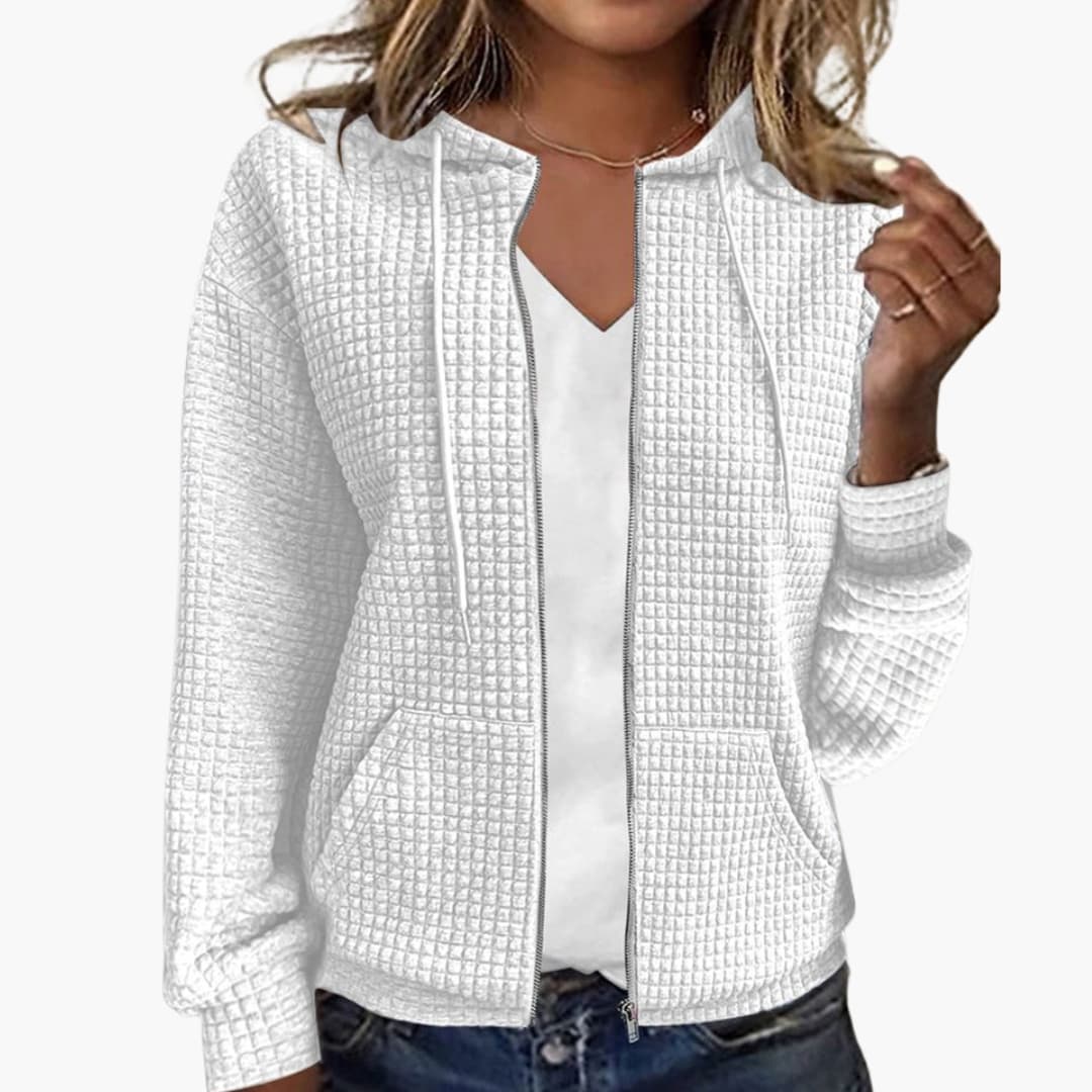Women's textured checkered zip-up hoodie jacket with front pockets and adjustable drawstring hood