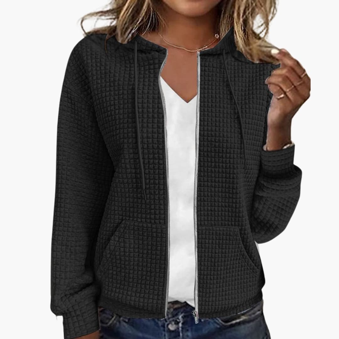 Women's textured checkered zip-up hoodie jacket with adjustable hood cords and front patch pockets