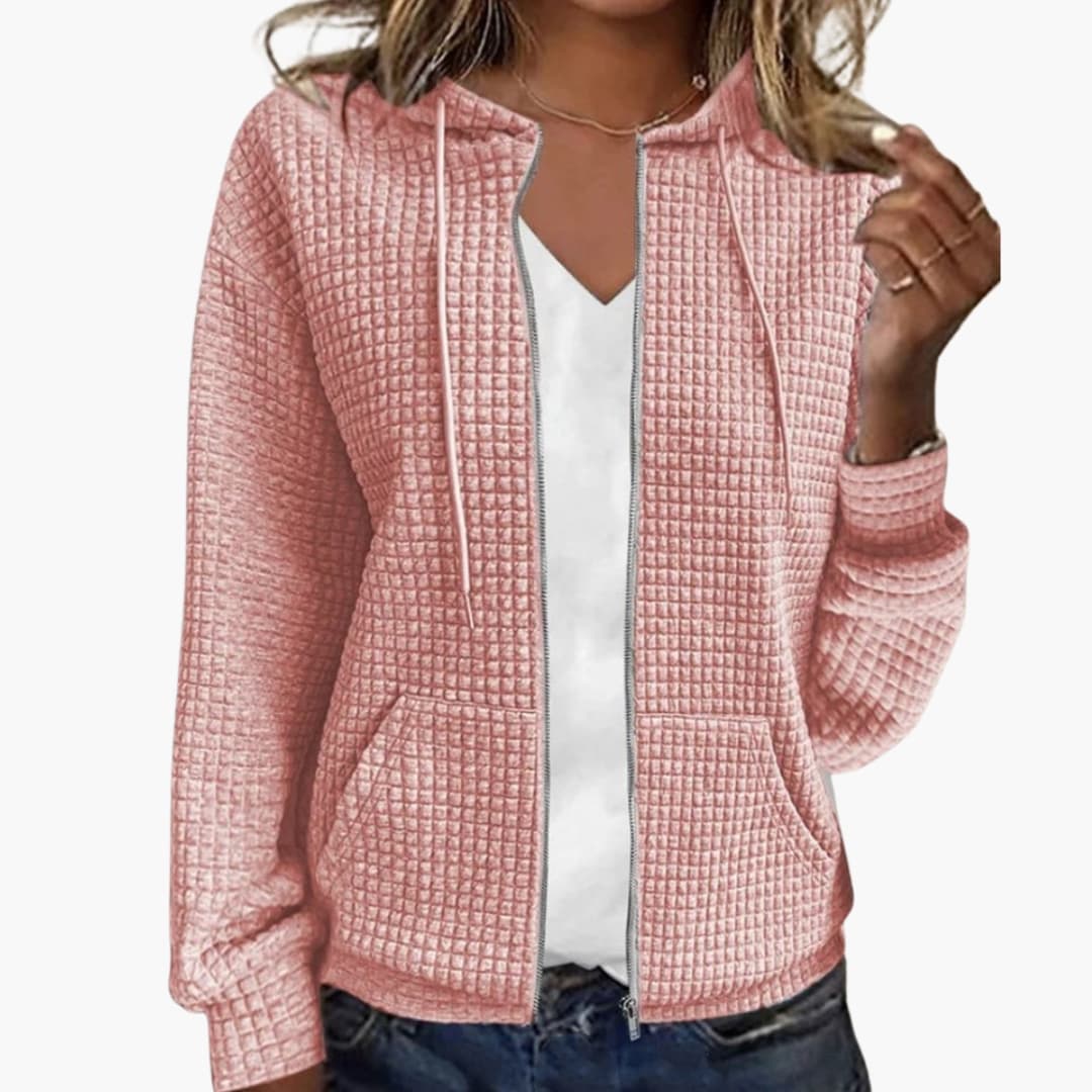 Women's textured checkered zip-up hoodie jacket with front pockets and adjustable drawstring hood