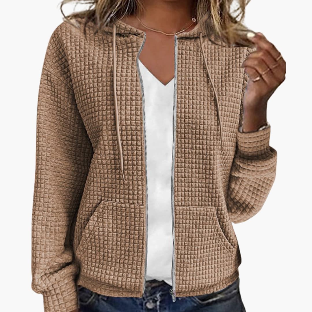 Women's textured zip-up hoodie jacket with front pockets and adjustable drawstring hood
