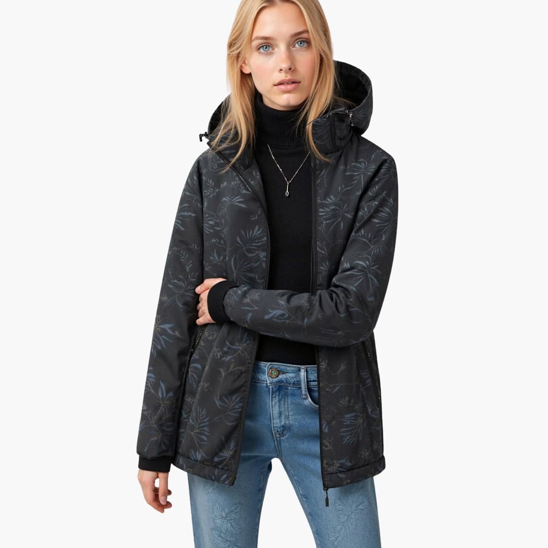Women's hooded jacket with zipper closure, adjustable drawstring hood, elastic cuffs, and side pockets