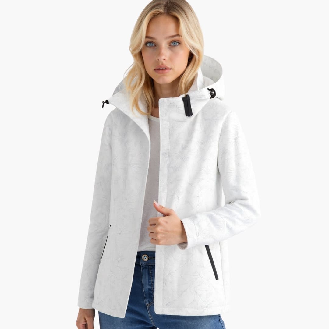 Women's hooded jacket with zipper closure, adjustable drawstring hood, elastic cuffs, and side pockets