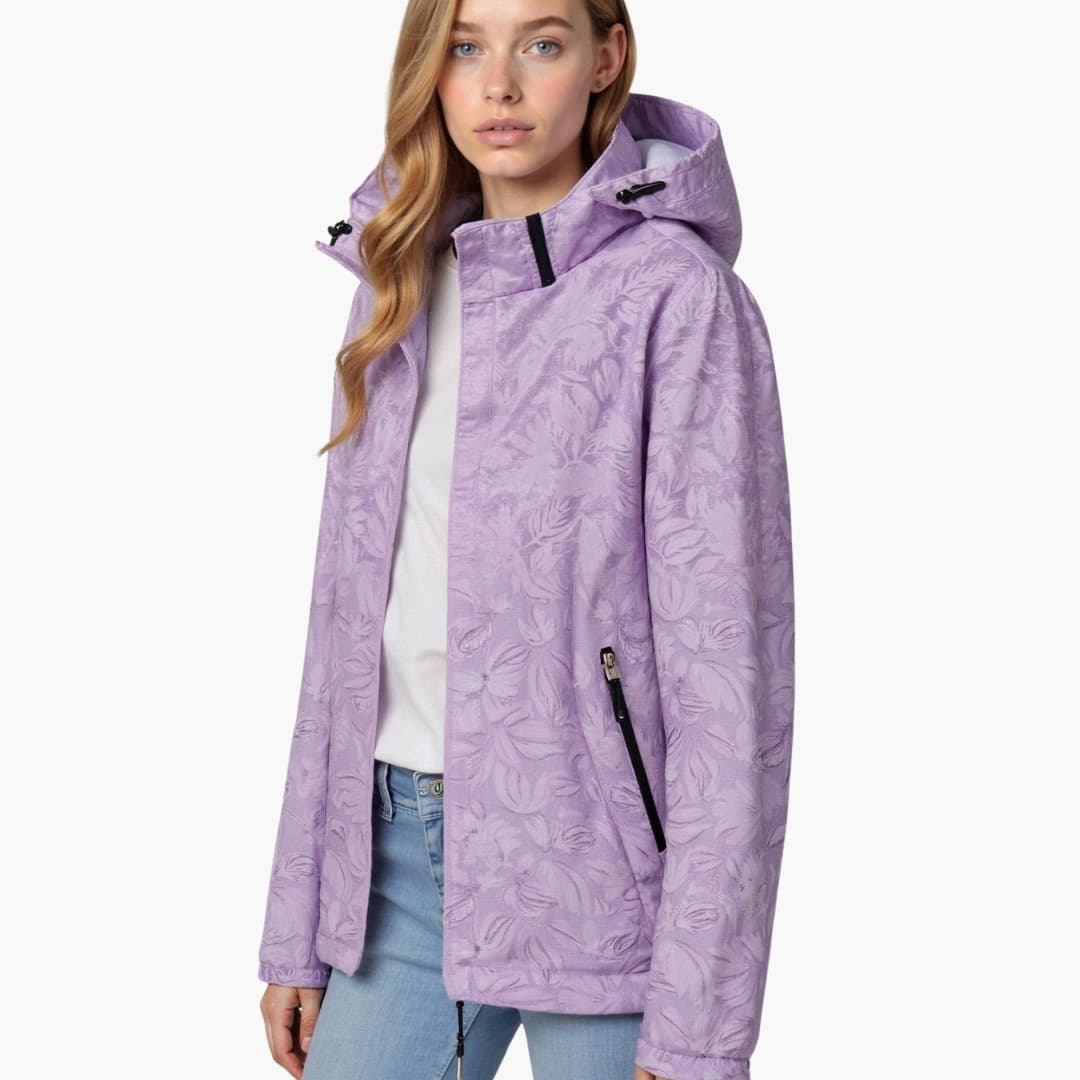 Women's hooded jacket zipper closure adjustable drawstring hood elastic cuffs side pockets casual layer