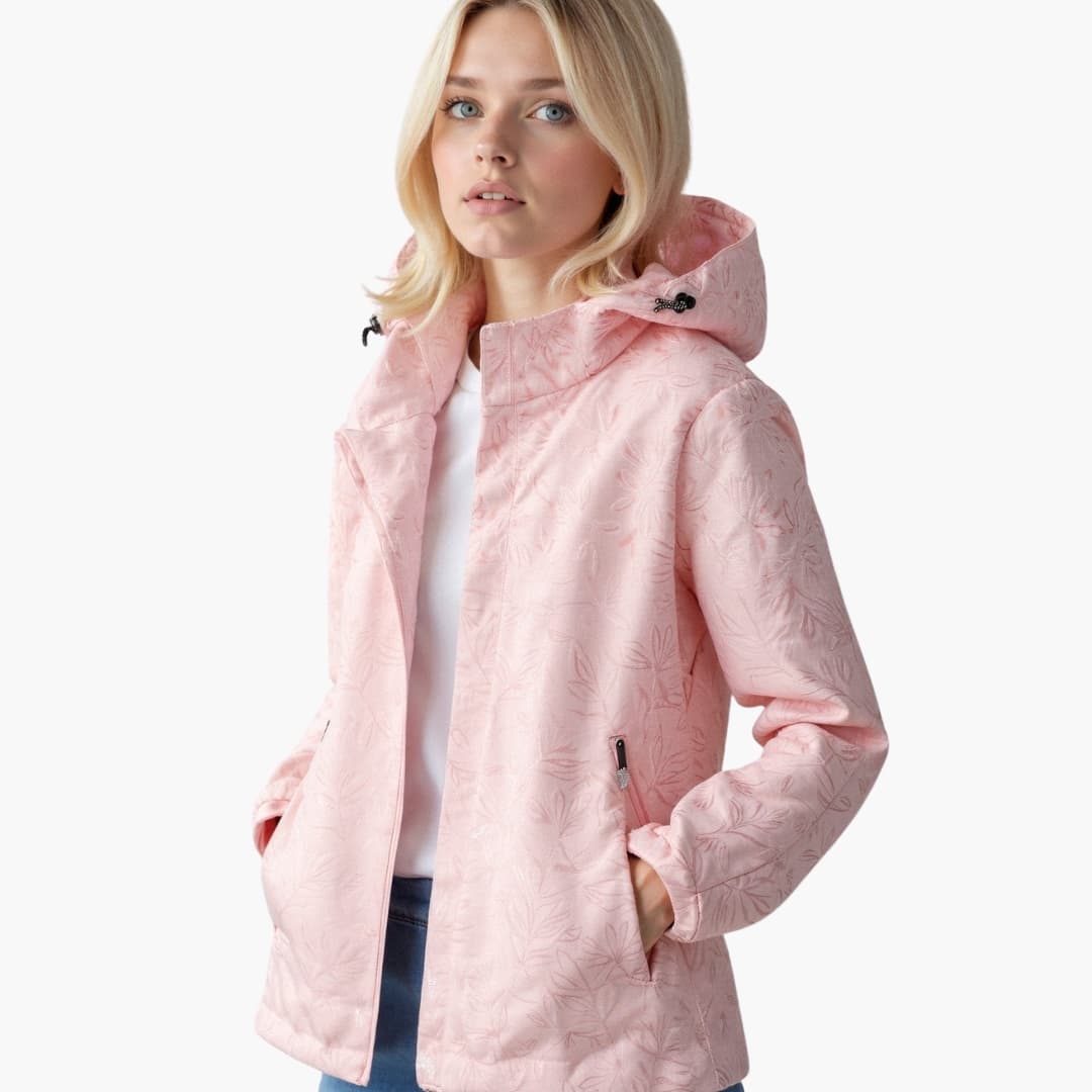 Women's hooded jacket zipper closure adjustable drawstring hood elastic cuffs side pockets casual fit