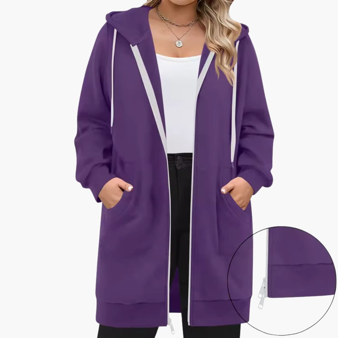 Women's long hooded jacket zip closure front pockets casual outdoor everyday comfort