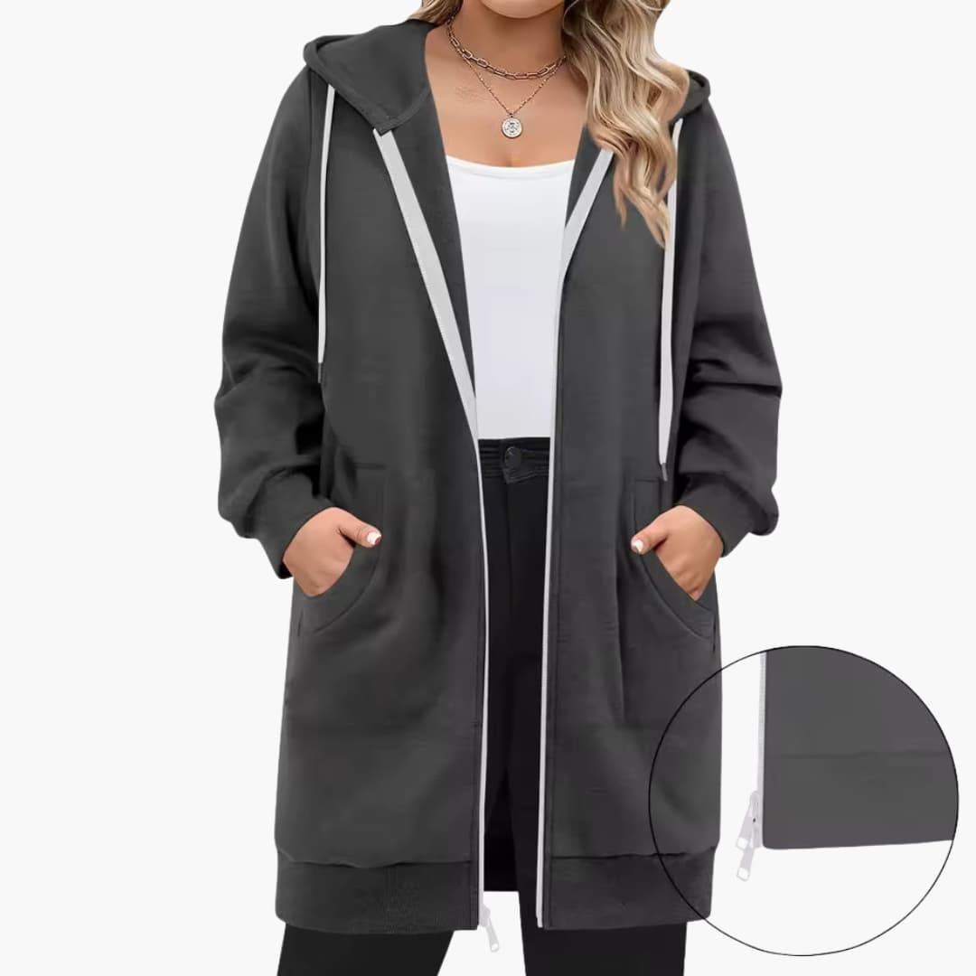 Women's long hooded jacket zip closure front pockets casual outdoor everyday comfort style