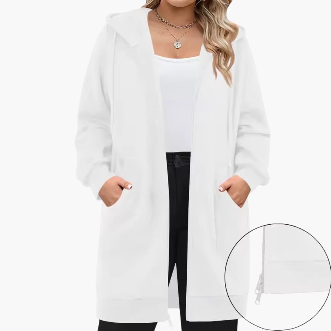 Women's long hooded jacket zip closure front pockets casual outdoor everyday wear comfort