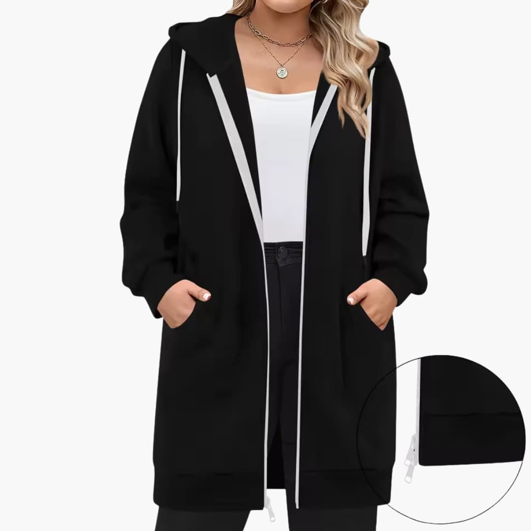 Women's long hooded jacket zip closure front pockets casual outdoor everyday comfort