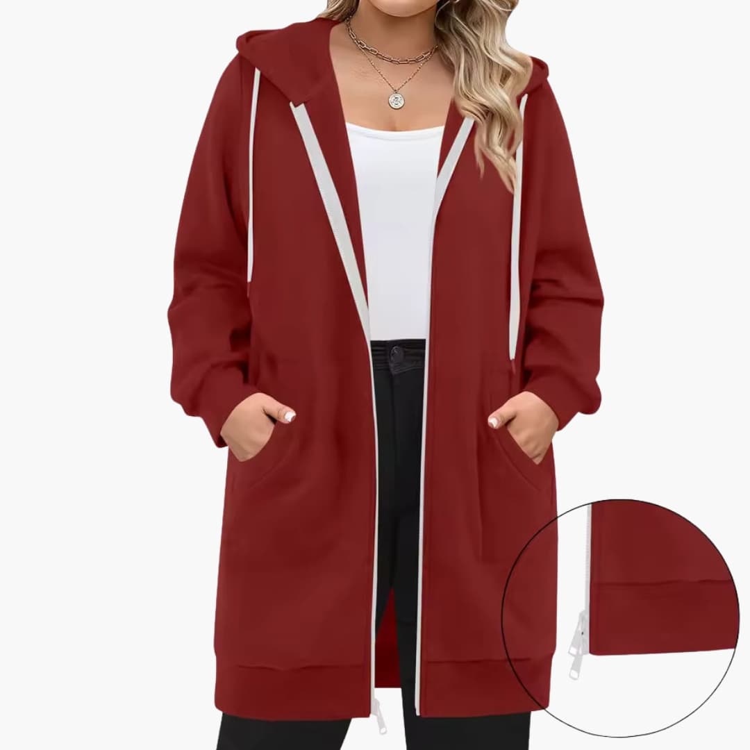 Women's long hooded jacket zip closure front pockets casual outdoor everyday comfort style