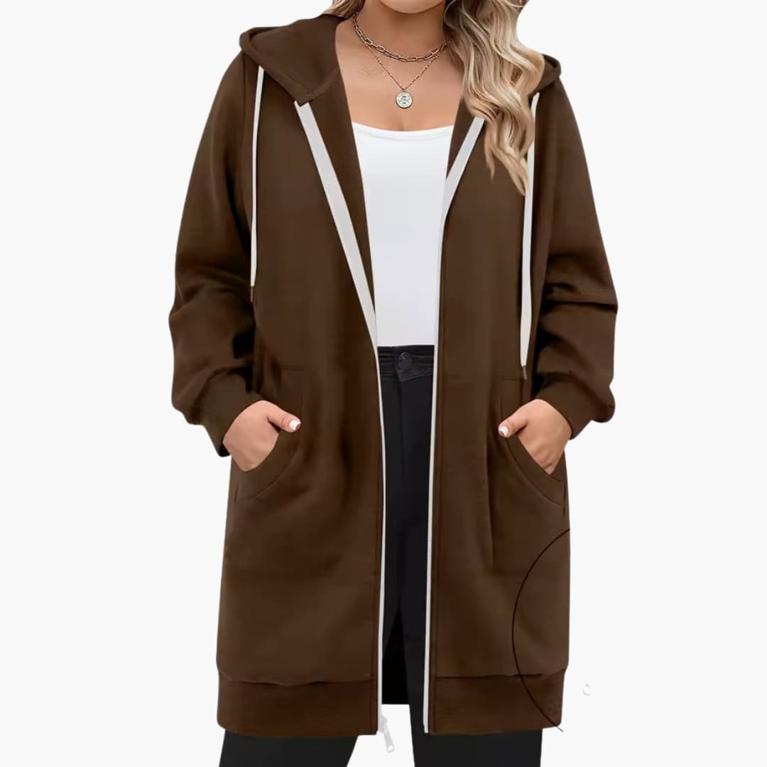 Women's long hooded jacket zip closure front pockets casual outdoor everyday comfort style