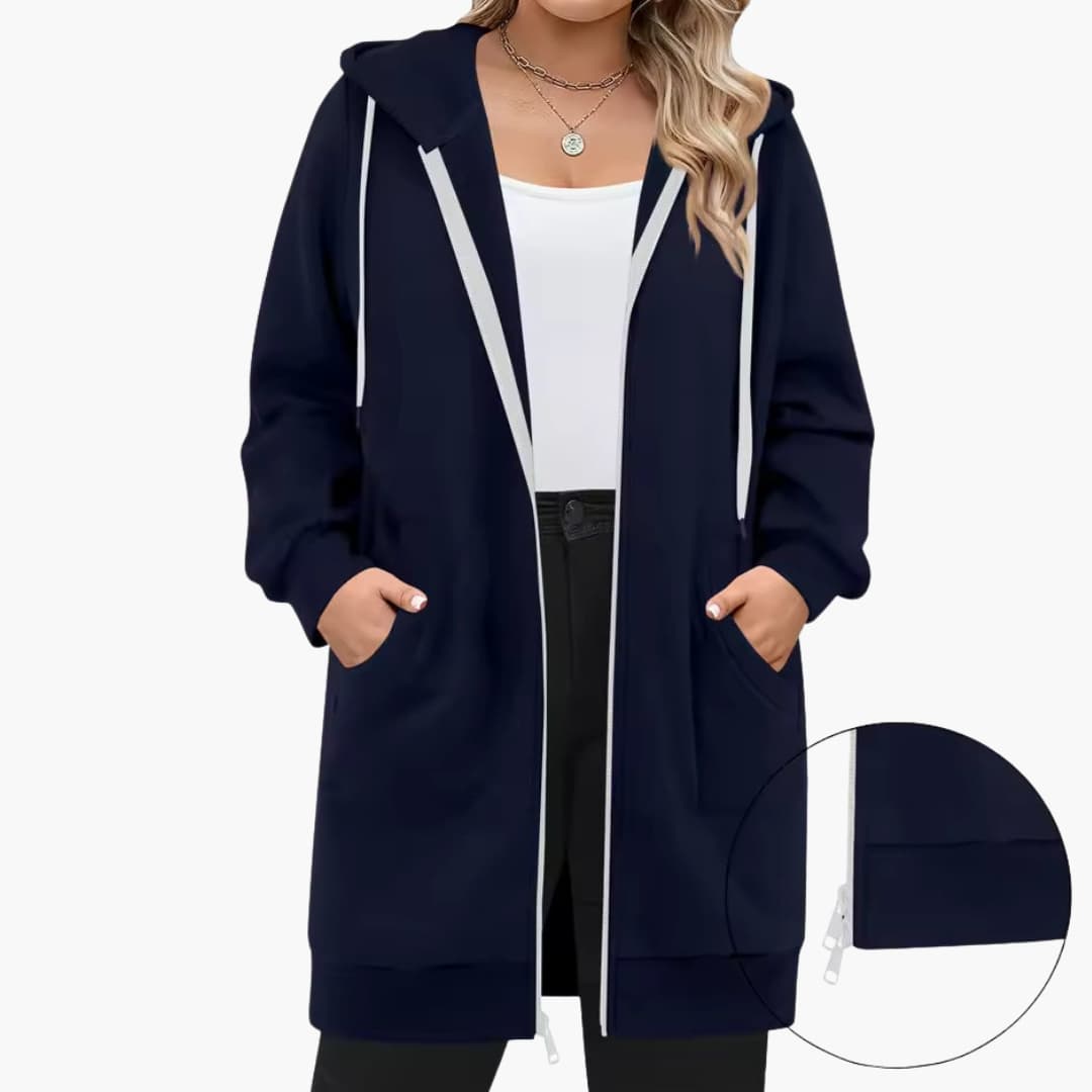 Women's long hooded jacket zip closure front pockets casual outdoor everyday comfort