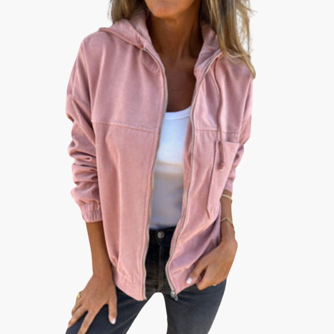 Women's full-zip hooded jacket with adjustable drawstring hood and front pocket for everyday wear
