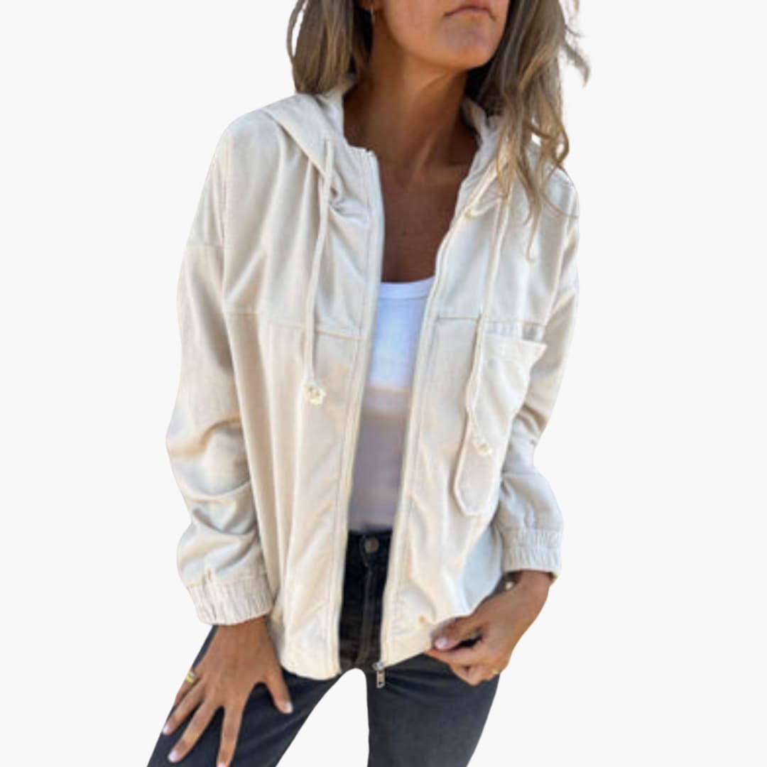 Women's hooded zip-up jacket with adjustable drawstring hood and front pocket for everyday wear