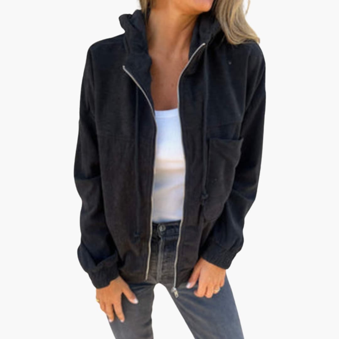 Women's hooded zip-up jacket with adjustable drawstring hood and front pocket for everyday wear
