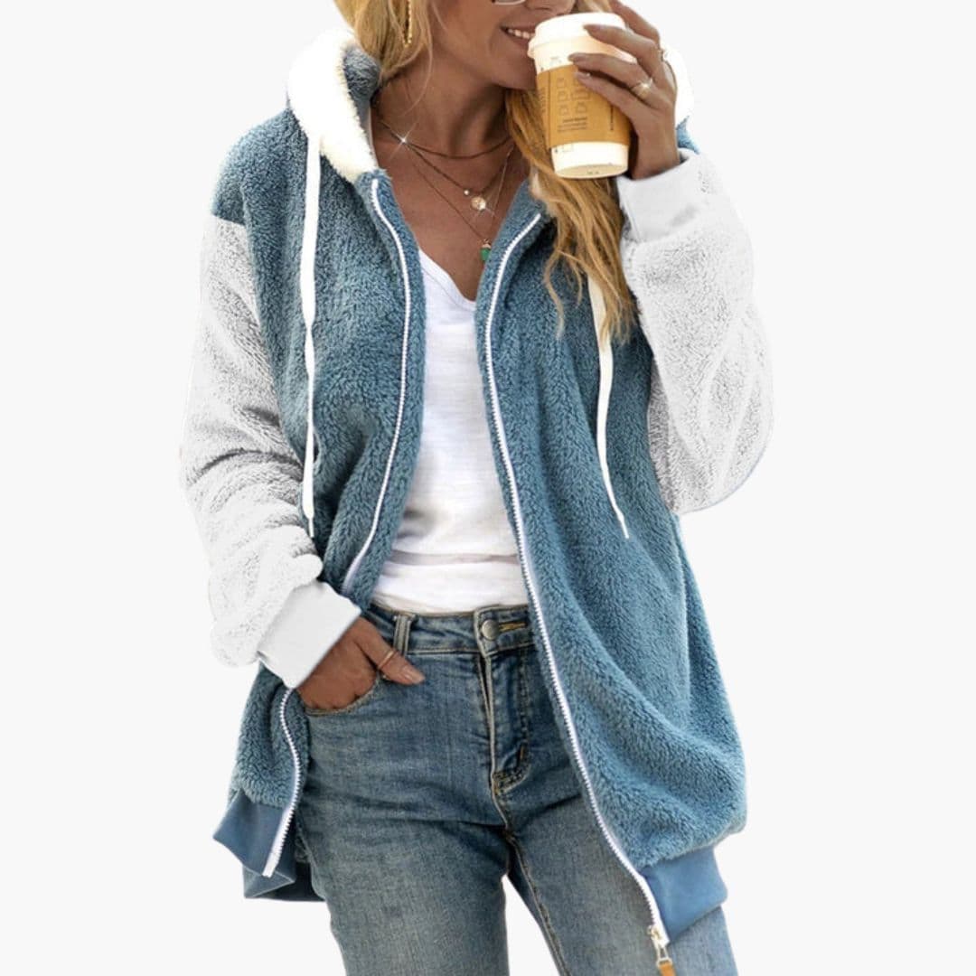 Women's plush fleece hooded jacket full zip cozy relaxed fit coat with adjustable drawstring hood