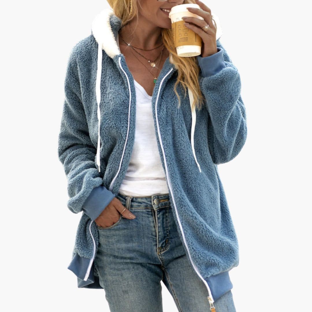 Women's plush fleece hooded jacket full zip relaxed fit with adjustable drawstring hood, cozy cold weather coat