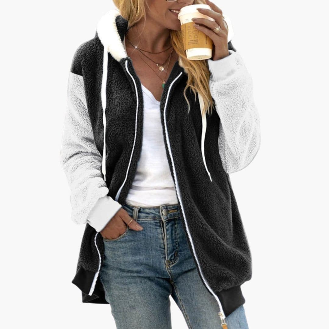 Women's plush fleece hooded jacket full zip relaxed fit with adjustable drawstring hood cozy coat