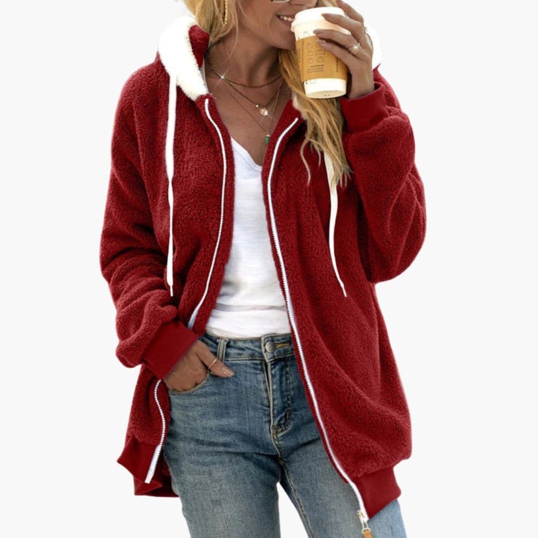 Women's plush fleece hooded jacket full zip cozy relaxed fit coat with adjustable drawstring hood