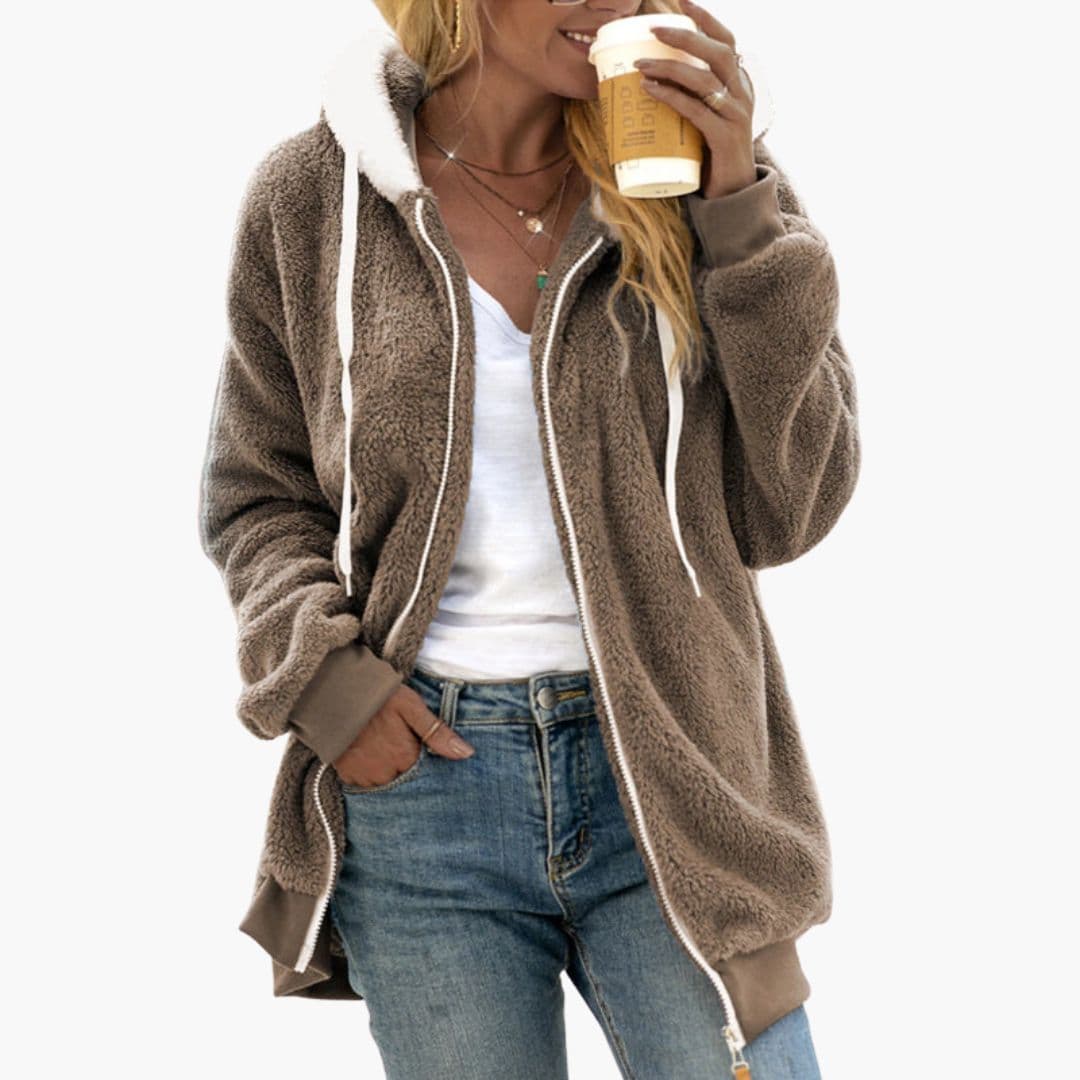 Women's plush fleece hooded jacket full zip relaxed fit with adjustable drawstring hood cozy coat