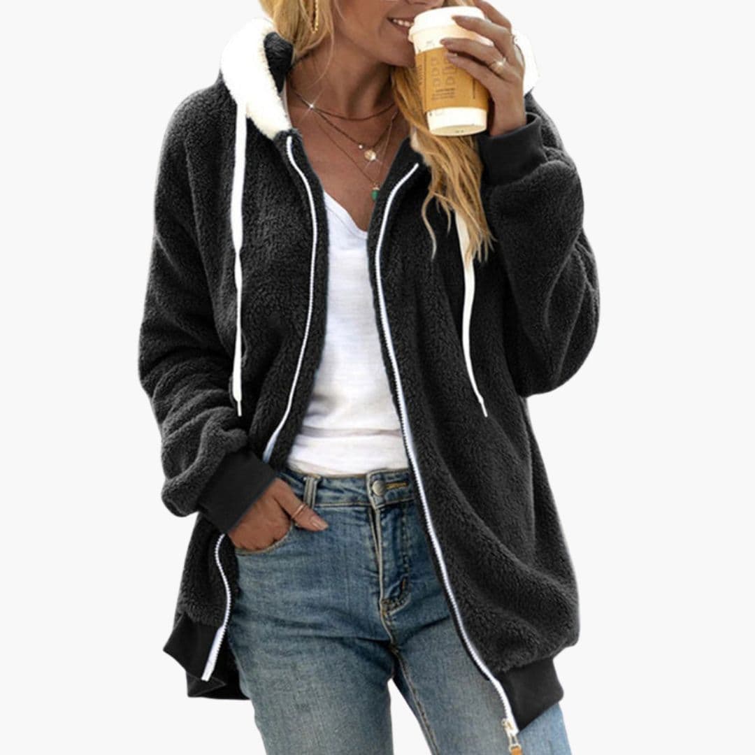 Women's plush fleece hooded jacket full zip relaxed fit with adjustable drawstring hood cozy coat