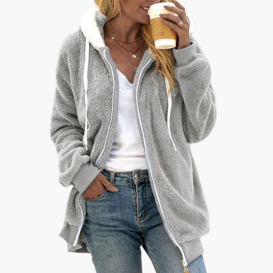 Women's plush fleece hooded jacket full zip relaxed fit with adjustable drawstring hood cozy coat