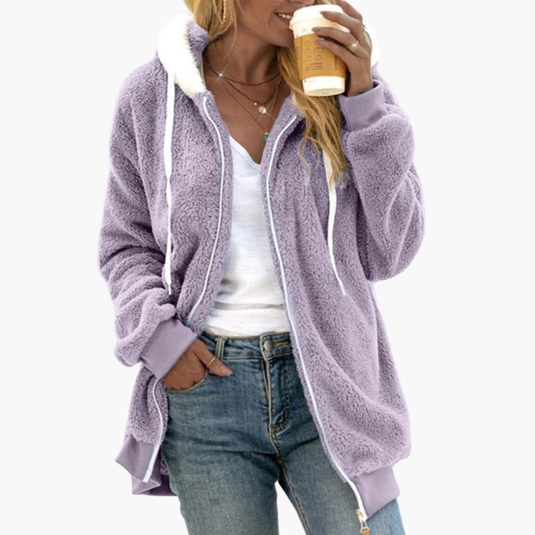 Women's plush fleece hooded jacket full zip cozy relaxed fit coat with adjustable drawstring hood