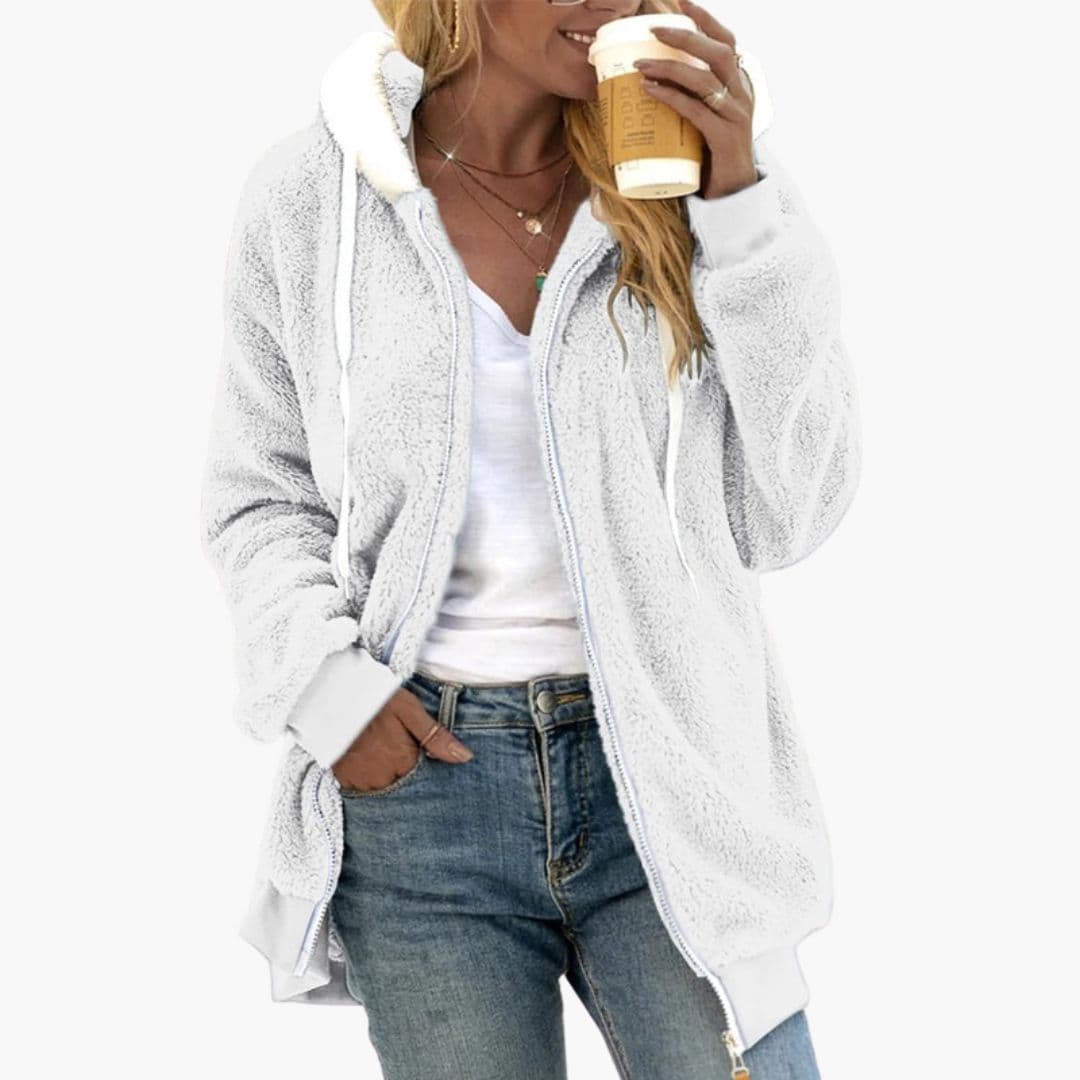 Women's plush fleece hooded zip-up jacket with adjustable drawstring hood, cozy relaxed fit for cold weather