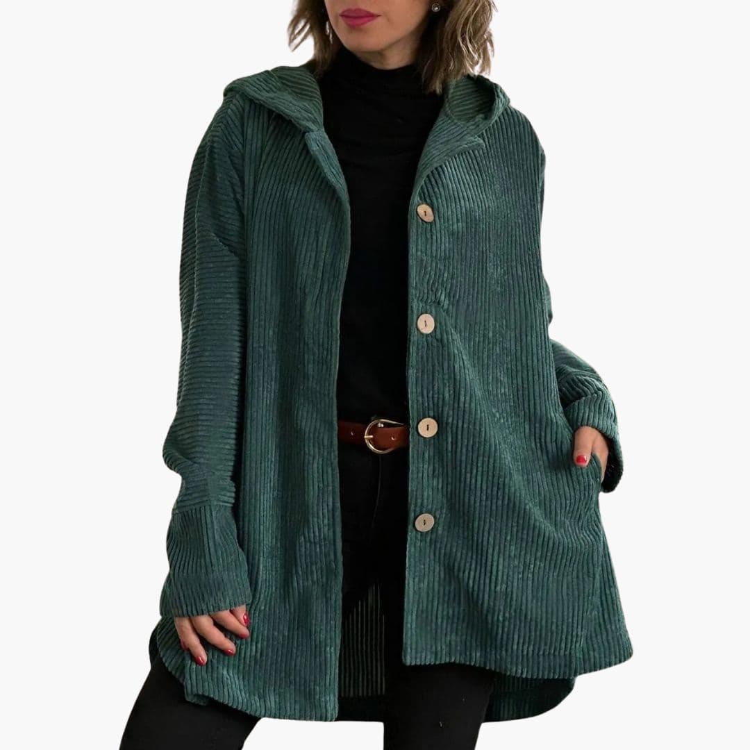 Women's brown corduroy hooded jacket with button-front closure and relaxed fit for casual wear
