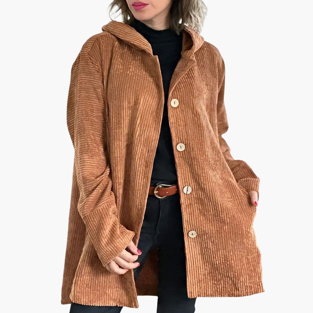 Women's brown corduroy hooded jacket with button front closure and relaxed fit for casual wear