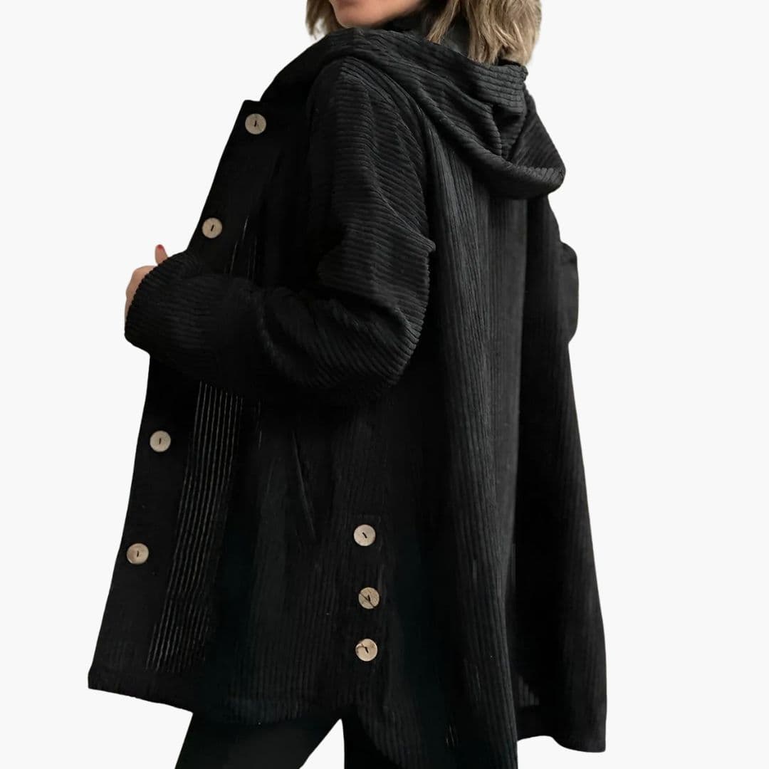 Women's tan corduroy hooded jacket with button front, relaxed fit, and side pockets