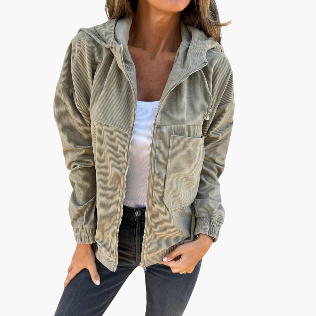 Women's zip-up hoodie jacket with drawstring hood, front pocket, and elastic cuffs for active wear