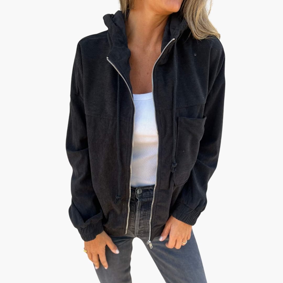 Women's zip-up hoodie jacket with drawstring hood, front pocket, and elastic cuffs for active wear