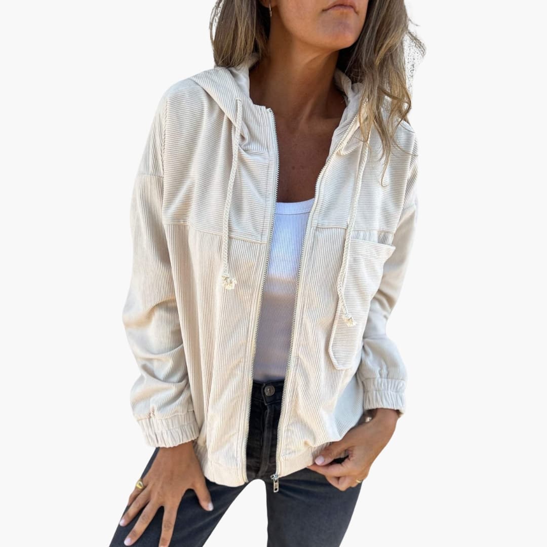 Women's zip-up hoodie jacket with drawstring hood, front pocket, and elastic cuffs for active wear